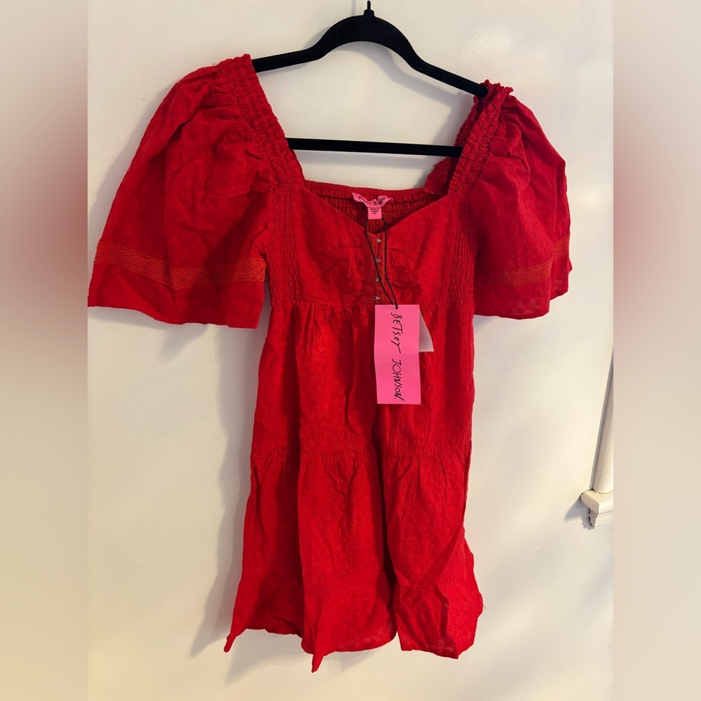Betsey Johnson Hook Front Embroidered  Cotton Tiered Mini Dress - Picture 6 of 10